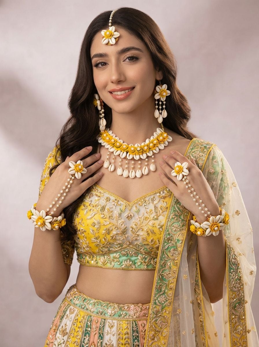 Handmade Yellow Floral Cowrie Shell Haldi Jewellery Set for Brides