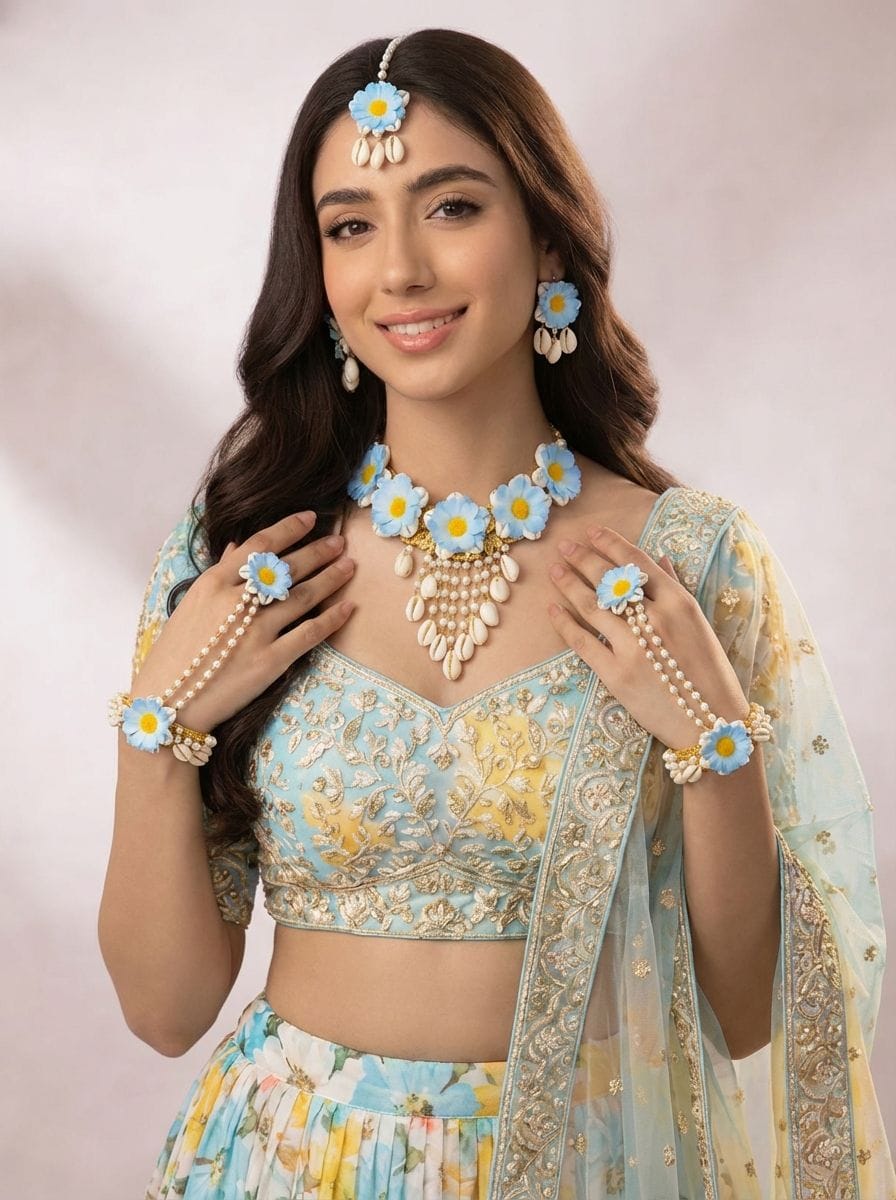 Ethnic Sky-Blue Cowrie Shell Bridal Jewelry Set for Haldi, Mehndi