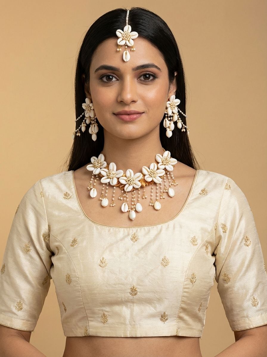 Chic Cowrie Shell Floral Jewelry Set for Haldi & Mehndi