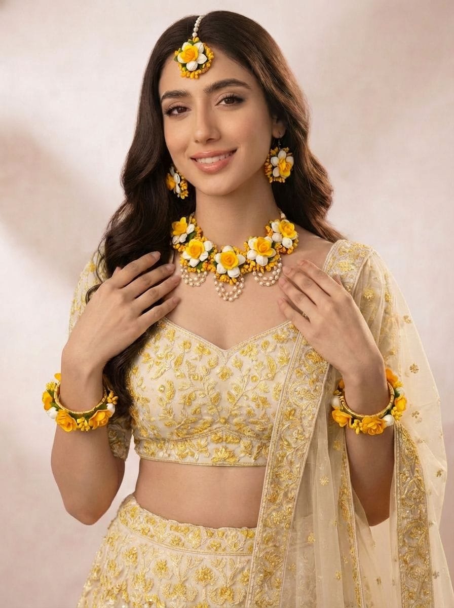 Yellow Rose & Pearl Floral Bridal Jewellery Set