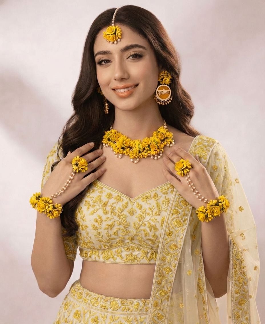 Yellow Rose Floral Jewellery Set for Haldi & Mehndi Functions