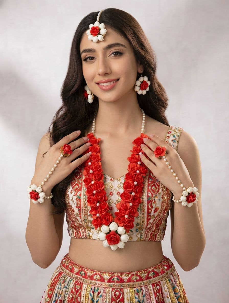 Handmade Red Flower Haldi Bridal Jewellery Set for Women