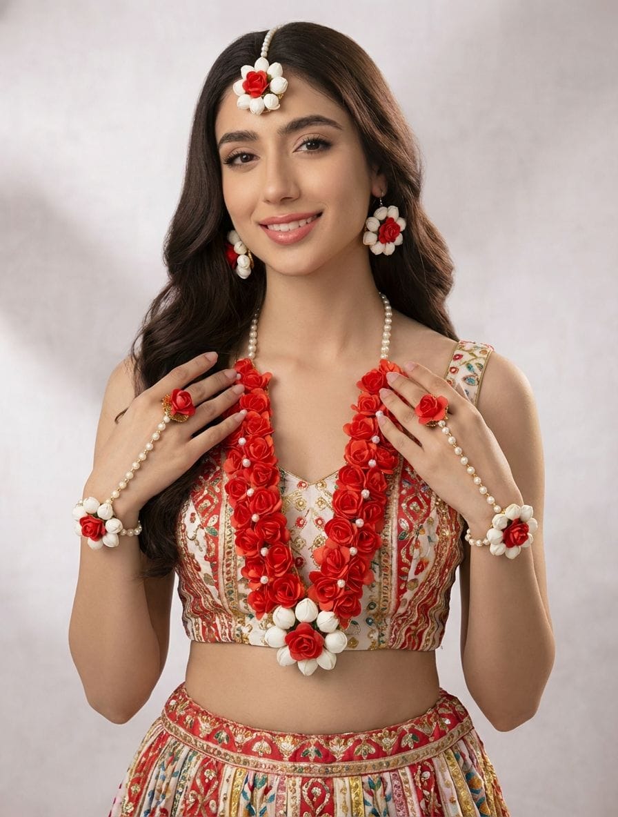 Handmade Red Flower Haldi Bridal Jewellery Set for Women