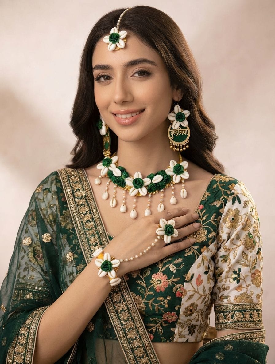 Handcrafted Green Floral Haldi Jewellery for Bridal Look