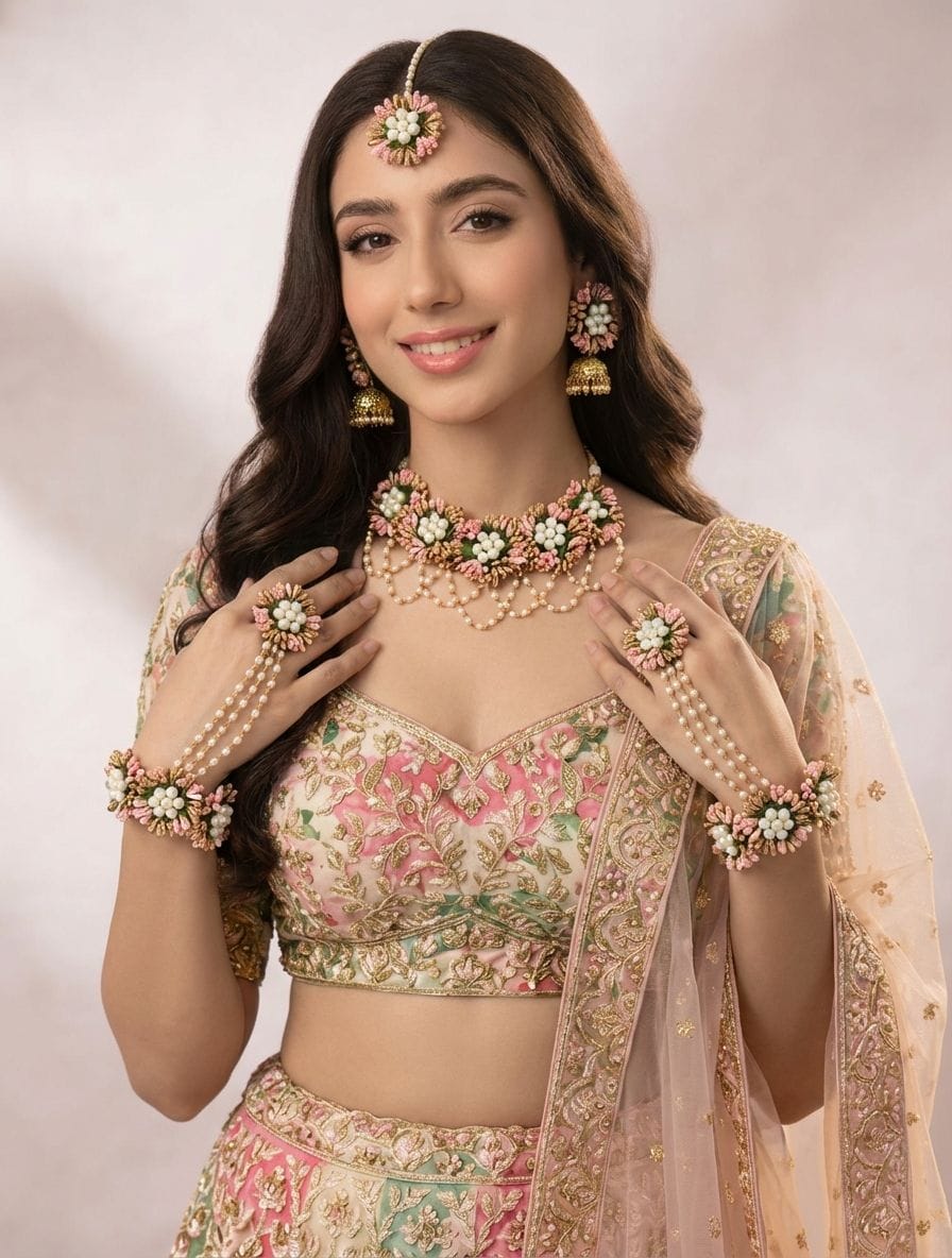 Pastel Pink Floral Haldi Jewellery Set with Earrings, Tikka and Bracelet