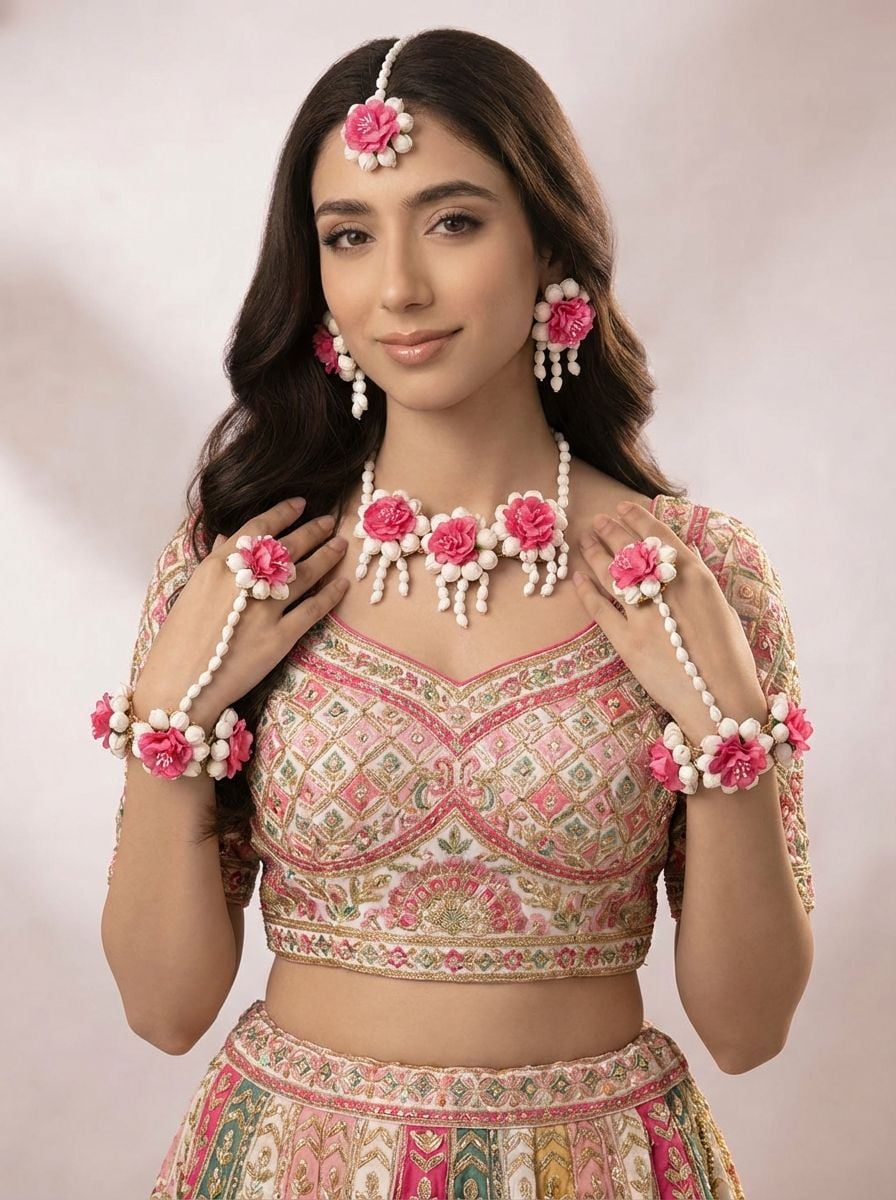 Pink Floral Haldi Jewellery Set for Women with Earrings, Tikka and Hathphool