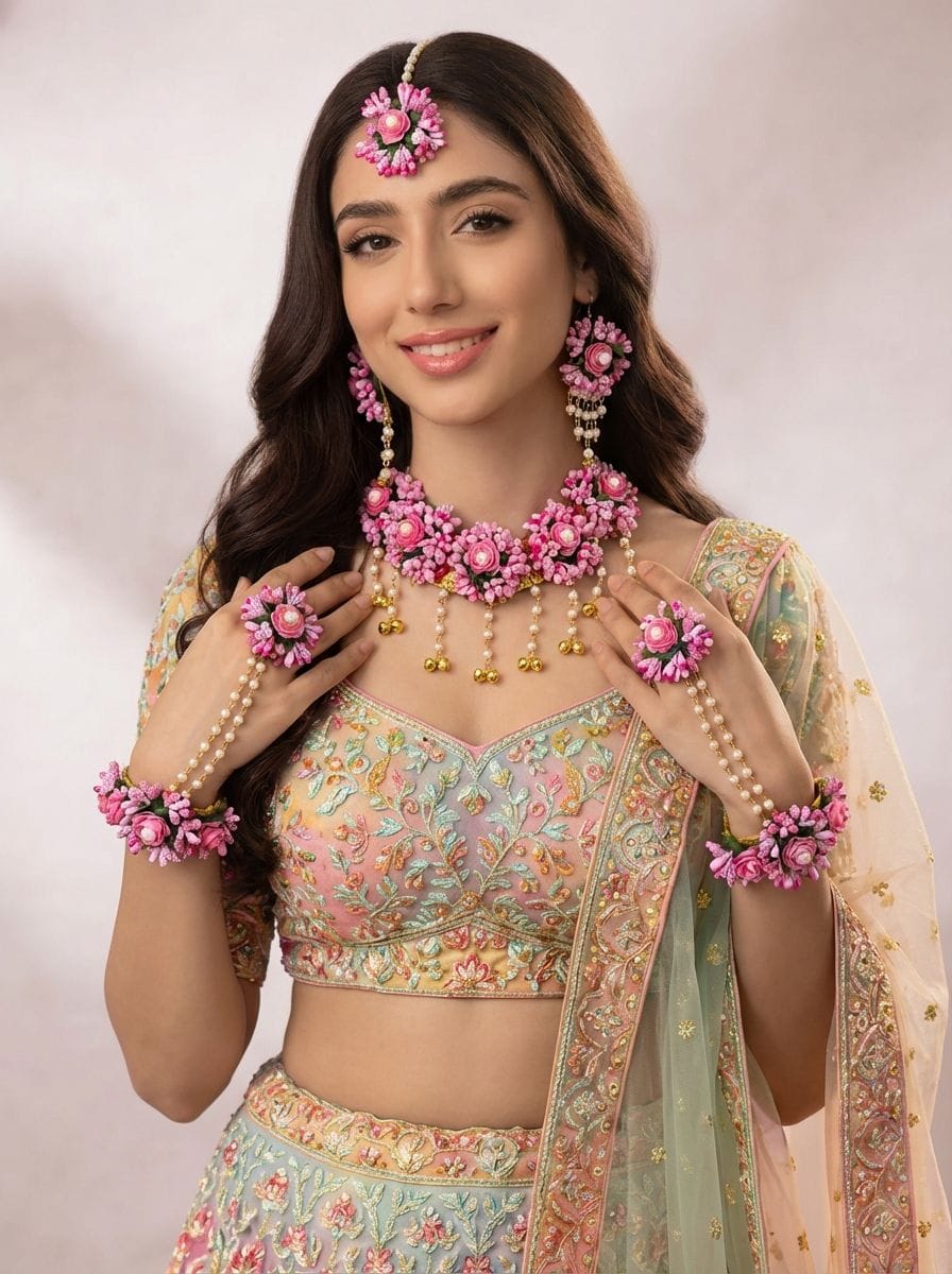 Pink Floral Haldi Jewellery Set for Women with Tikka and Hathphool
