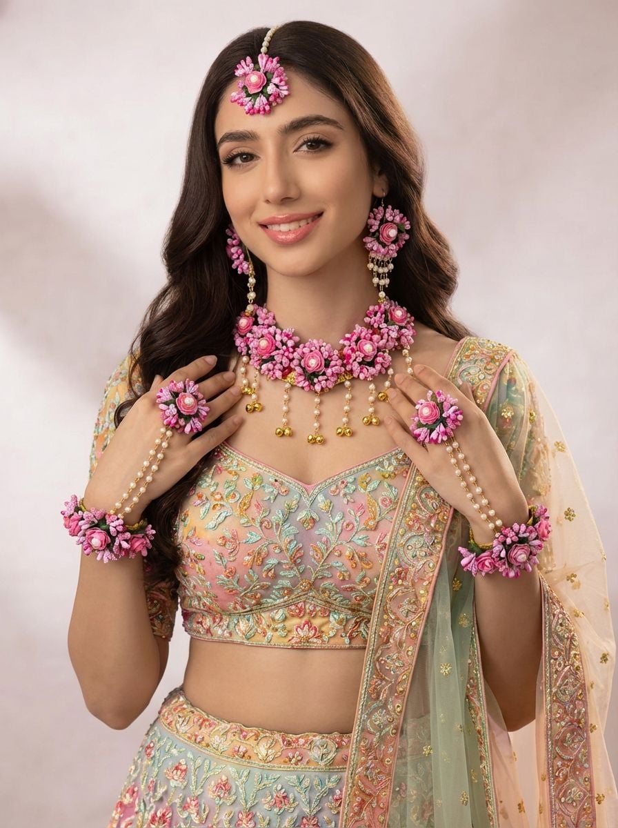 Pink Floral Haldi Jewellery Set for Women with Tikka and Hathphool