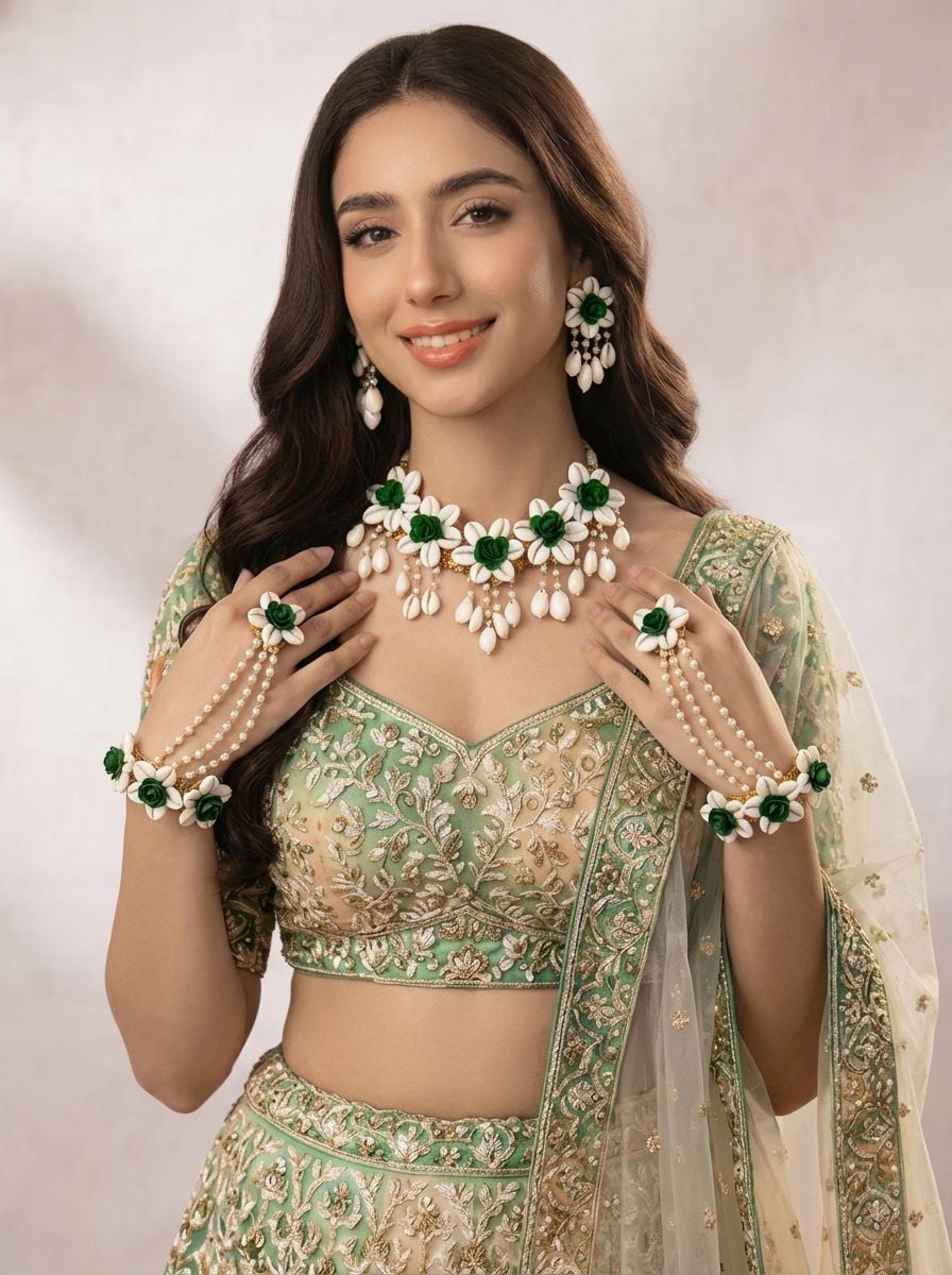 Handmade Green Floral Jewellery Set for Haldi & Mehndi