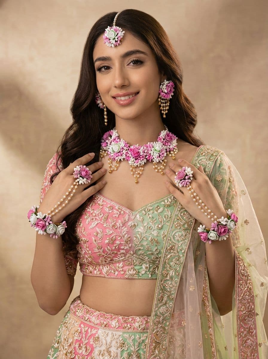 Haldi-Mehndi Floral Bliss: Bridal Multilayer Jewelry Set in Light Pink & White