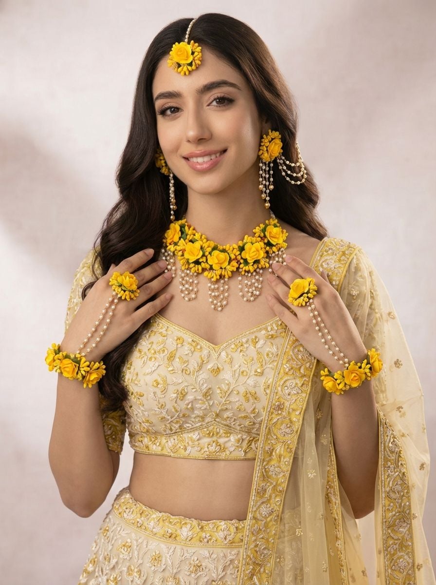 Yellow Floral Beaded Bridal Haldi Mehndi Jewelry Set - Handmade Ethnic Collection