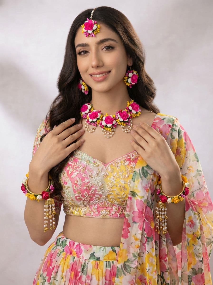 Pink-Yellow Floral Jewelry Set for Bridal Haldi-Mehndi, Handmade Pearl Flower Kaleere