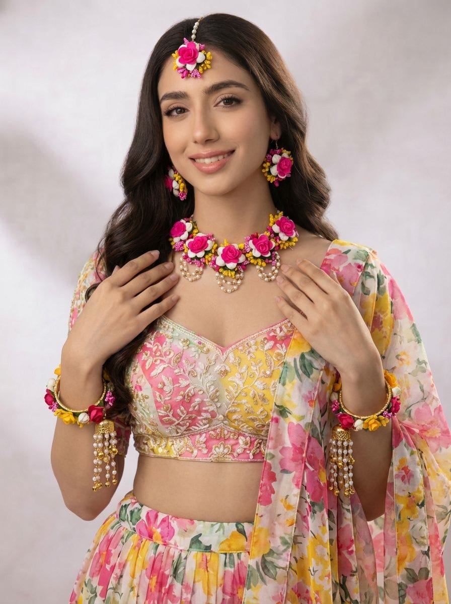 Pink-Yellow Floral Jewelry Set for Bridal Haldi-Mehndi, Handmade Pearl Flower Kaleere