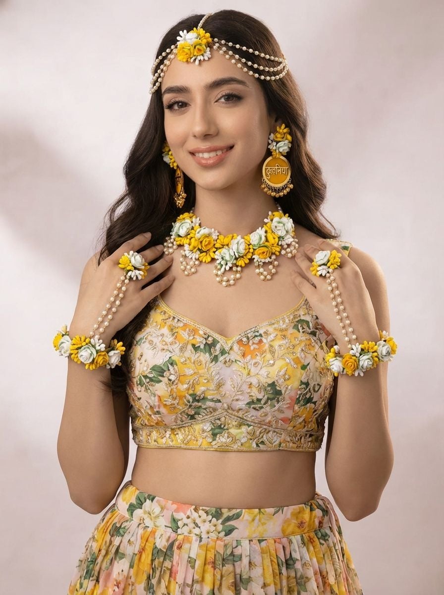 Elegant Yellow Floral Bridal Jewellery Set for Haldi and Mehendi