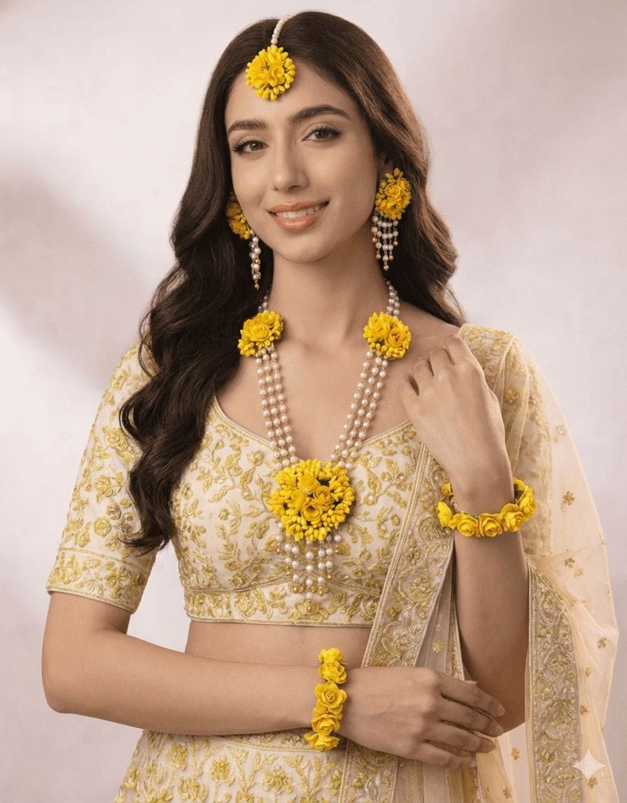 Elegant Yellow Rose Bridal Jewellery Set for Haldi and Mehendi Ceremony