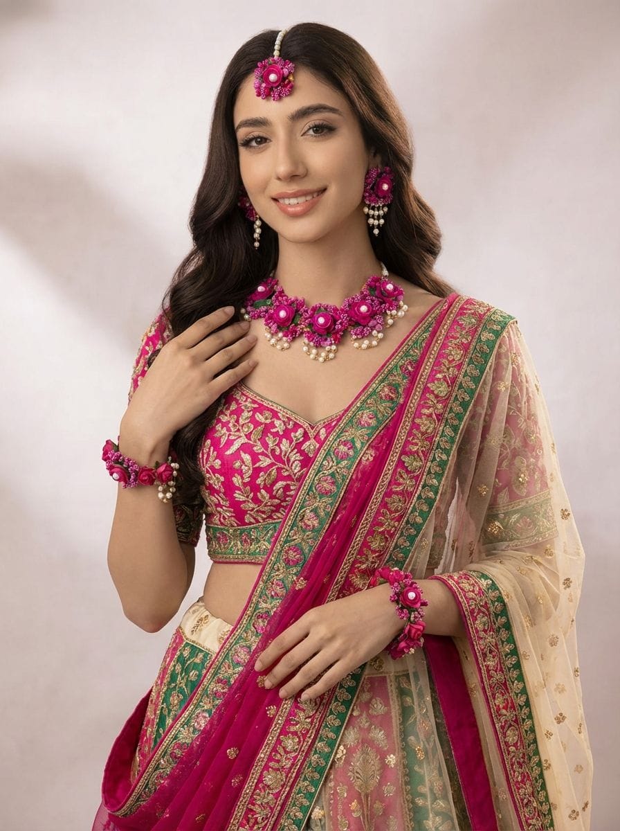 Luxury Magenta Floral Bridal Jewellery Set for Haldi Ceremony
