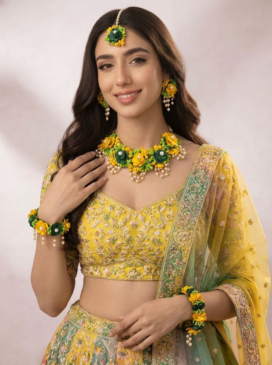 Yellow and Green Floral Haldi Jewellery Set for Women with Necklace and Earrings