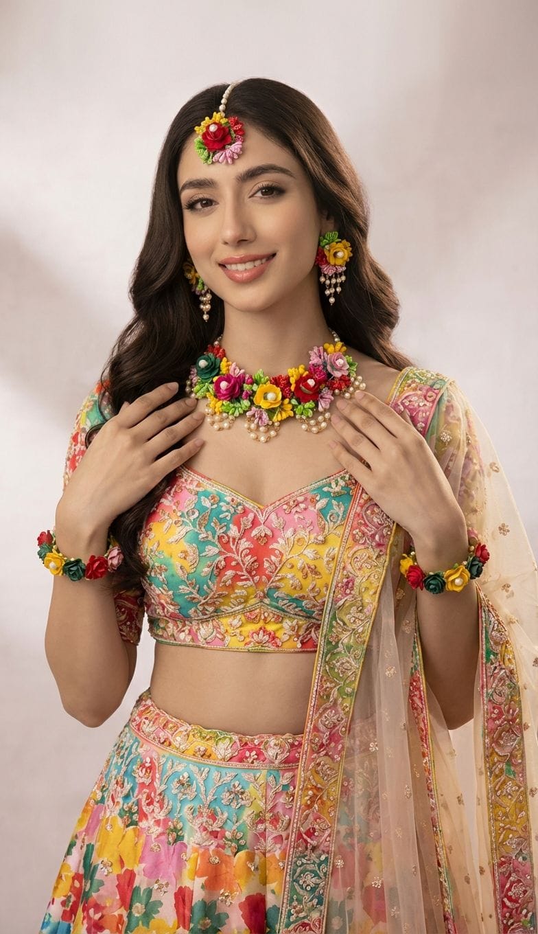 Vibrant Flower Bridal Jewellery Set for Haldi, Mehendi and Sangeet
