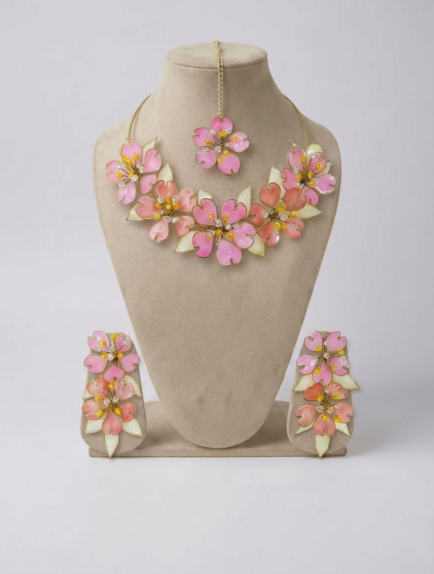 Pink Resin Floral Haldi Jewellery Set for Women with Tikka, Earrings and Hathphool