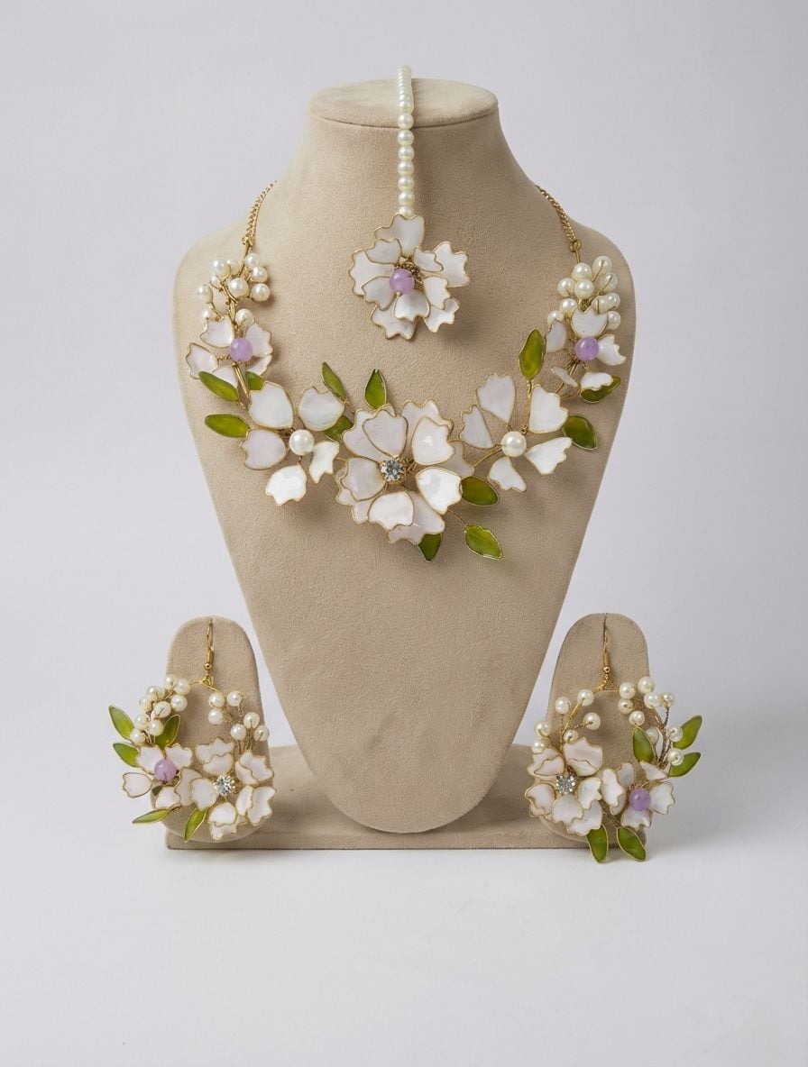 Light Pink and Green Resin Floral Haldi Jewellery Set for Women with Tikka, Earrings and Hathphool