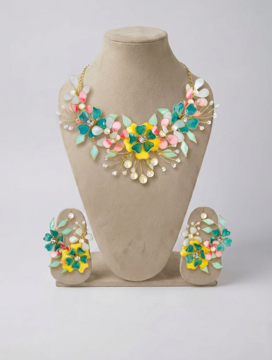 Premium Pastel Blue & Yellow Resin Flower Jewellery Set for Brides