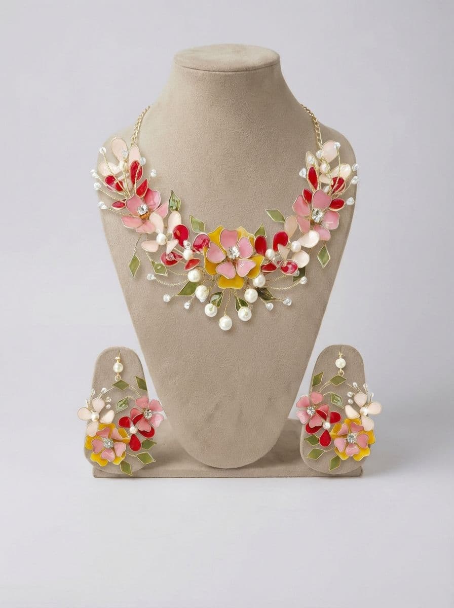 Floral Symphony Bridal Jewelry: Yellow, Pink & Green Gold Plated