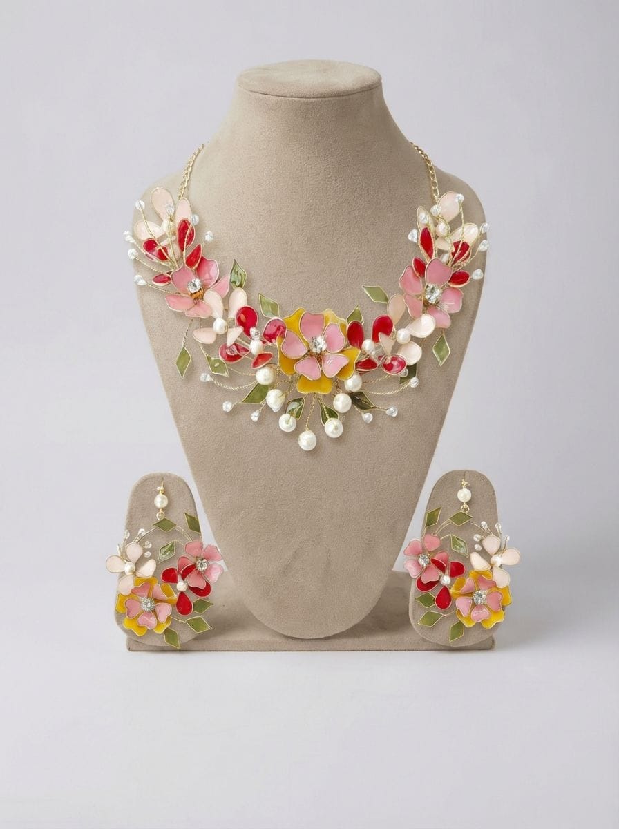 Floral Symphony Bridal Jewelry: Yellow, Pink & Green Gold Plated