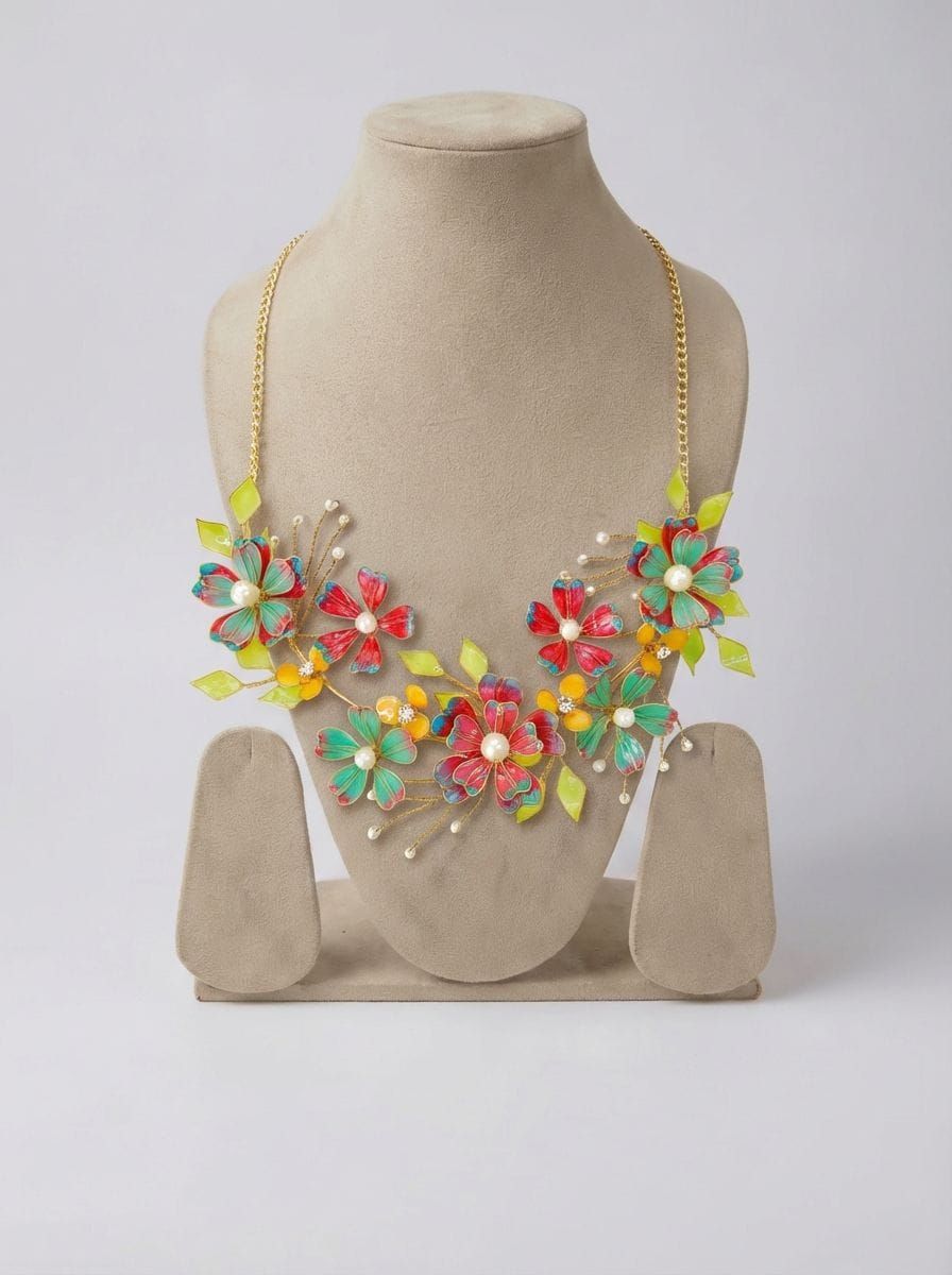 Handcrafted Floral Ensemble: Pink, Yellow, Sky-Blue Resin Bridal Set for Haldi & Mehndi Celebrations