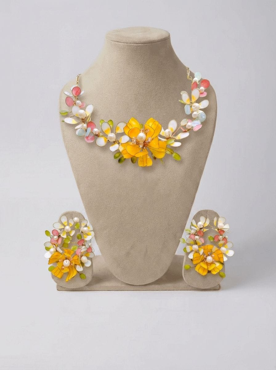 Baby Pink & Powder Blue Floral Bridal Haldi-Mehndi Jewellery Set