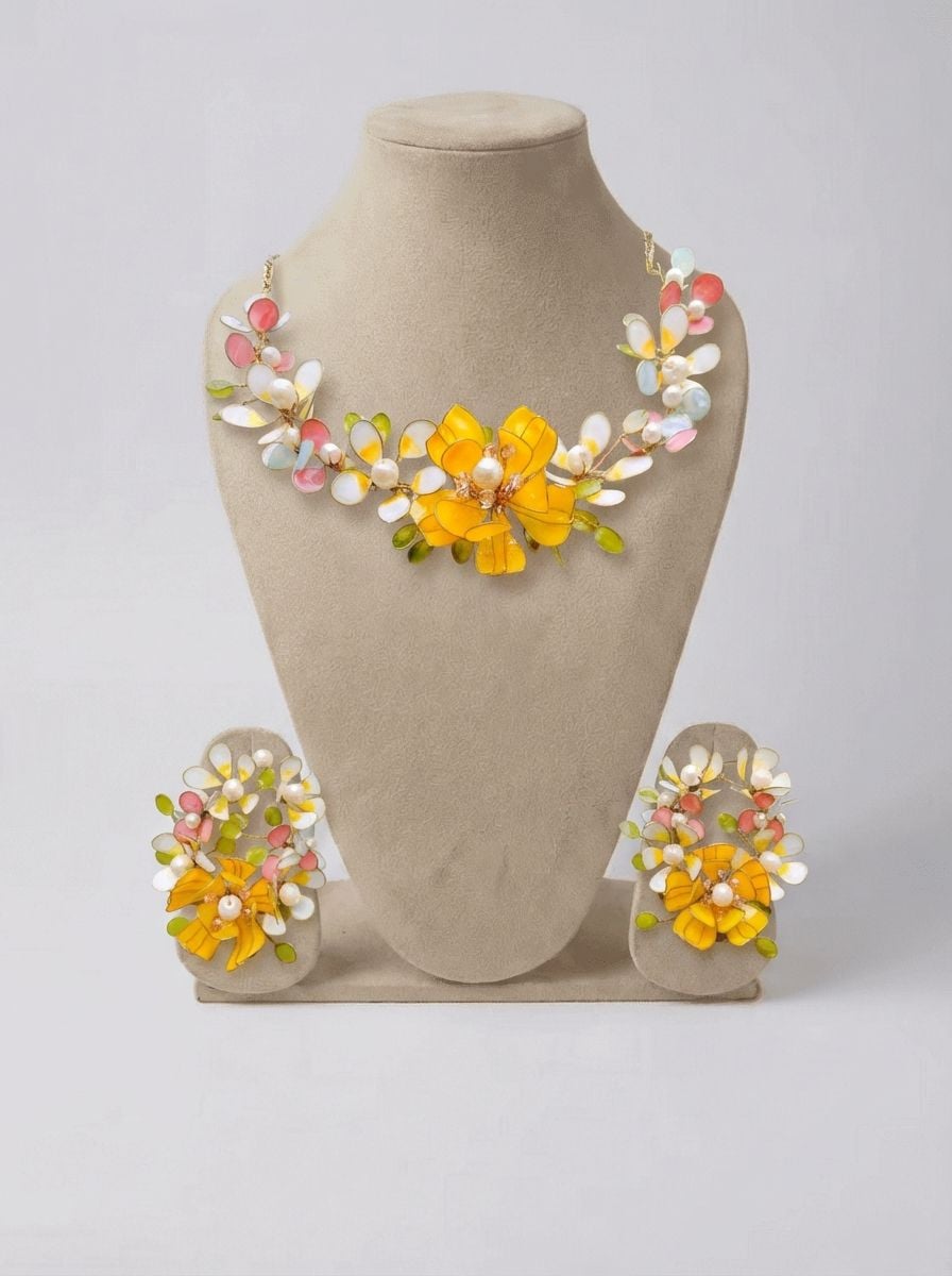 Handmade Yellow Floral Resin Jewellery Set for Haldi Mehndi & Bridal Wear
