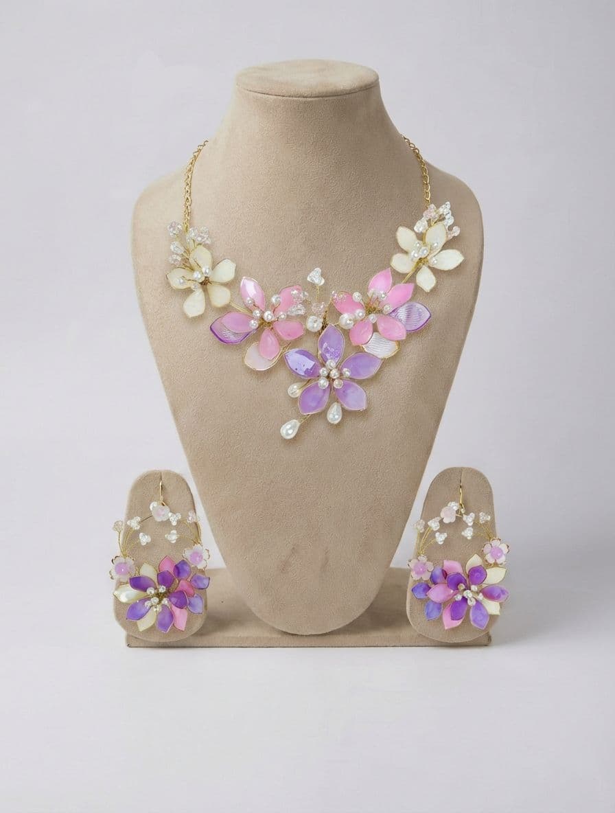 Lavender & Baby Pink Floral Resin Bridal Jewelry, Haldi-Mehndi