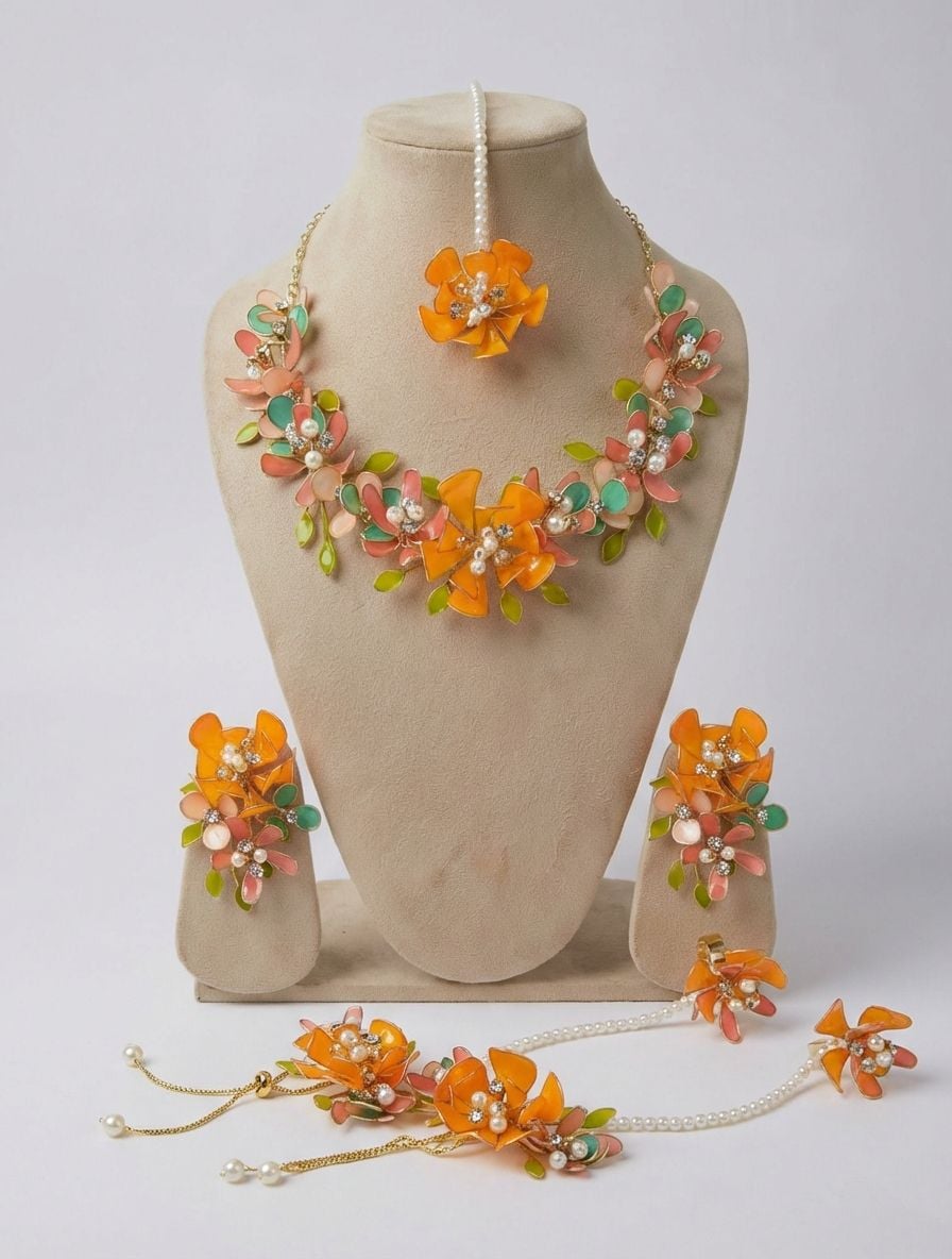 Designer Orange Resin Jewellery Set for Haldi Mehndi & Bridal Wear