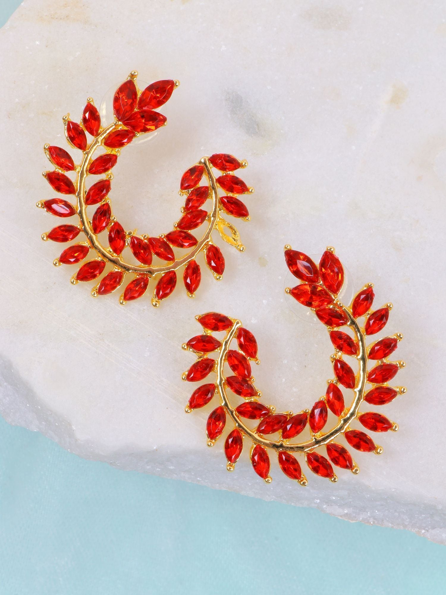 Red Asymmetric Crystal Gold Plated Ear Cuff Earrings