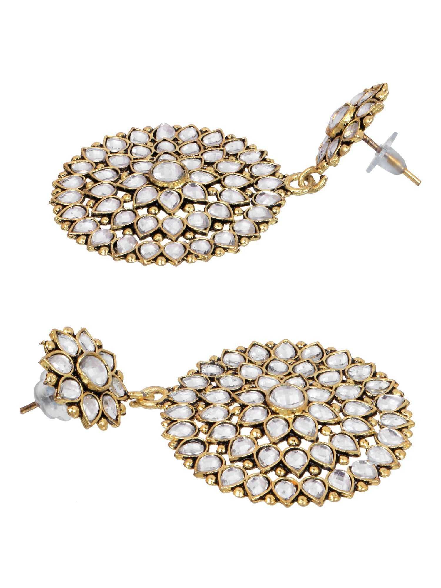 Crunchy Fashion Gold-Plated Kundan with Pearl Outline Contemprorary Drop Earrings CFE1382