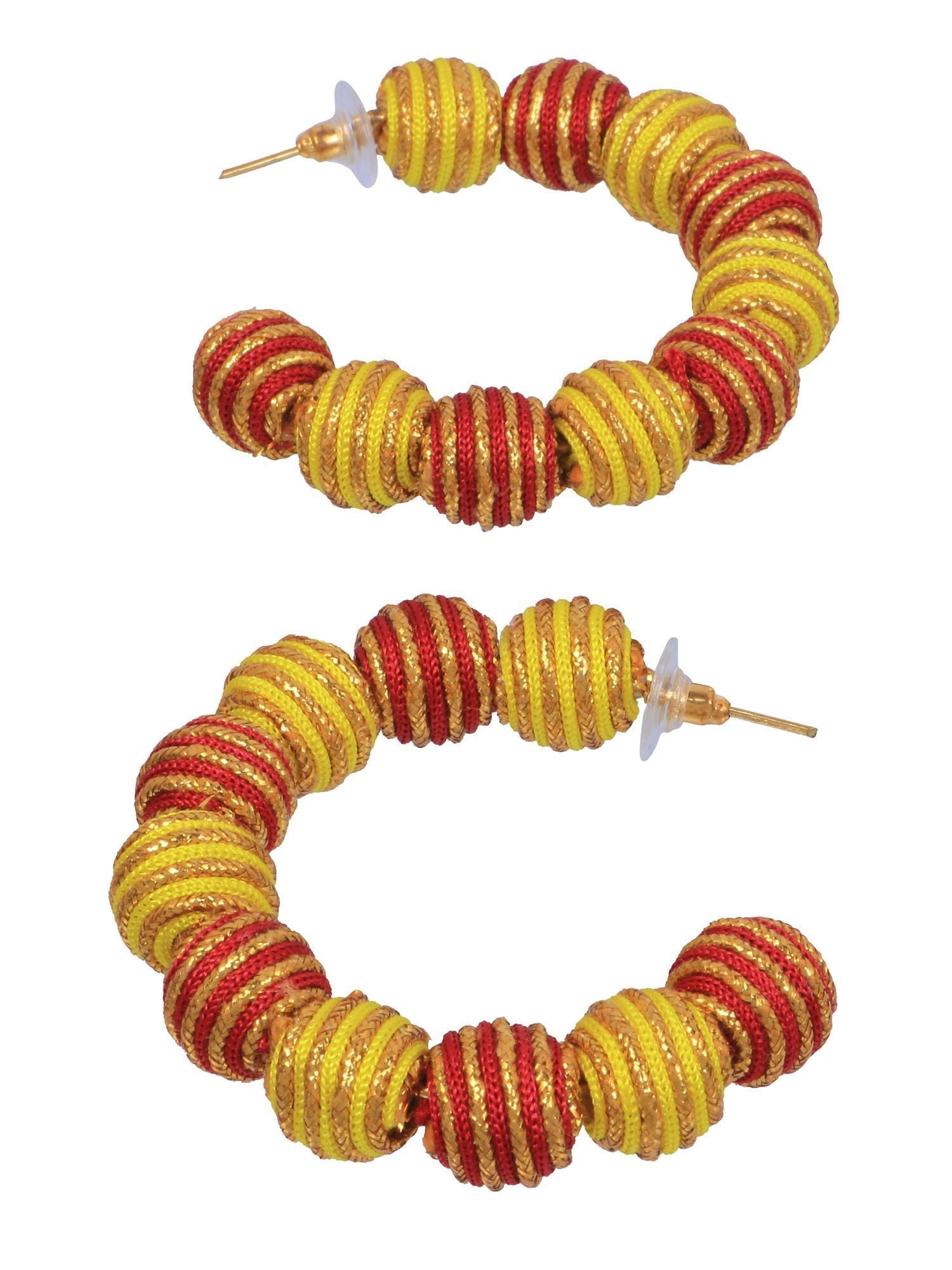 Crunchy Fashion Designer Gold-Plated Yellow& Red Nylon Thread Balls Big Hoop Earrings CFE1666