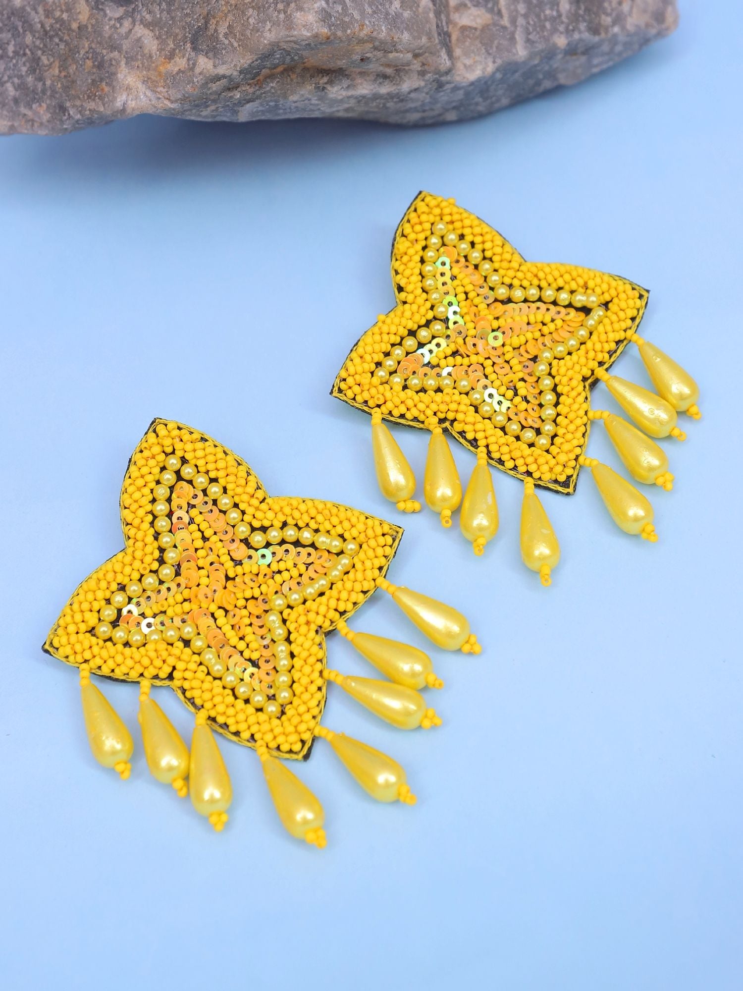 Yellow Beads Studded Handcrafted Sigle Star Contemporary Drop Earrings CFE1695