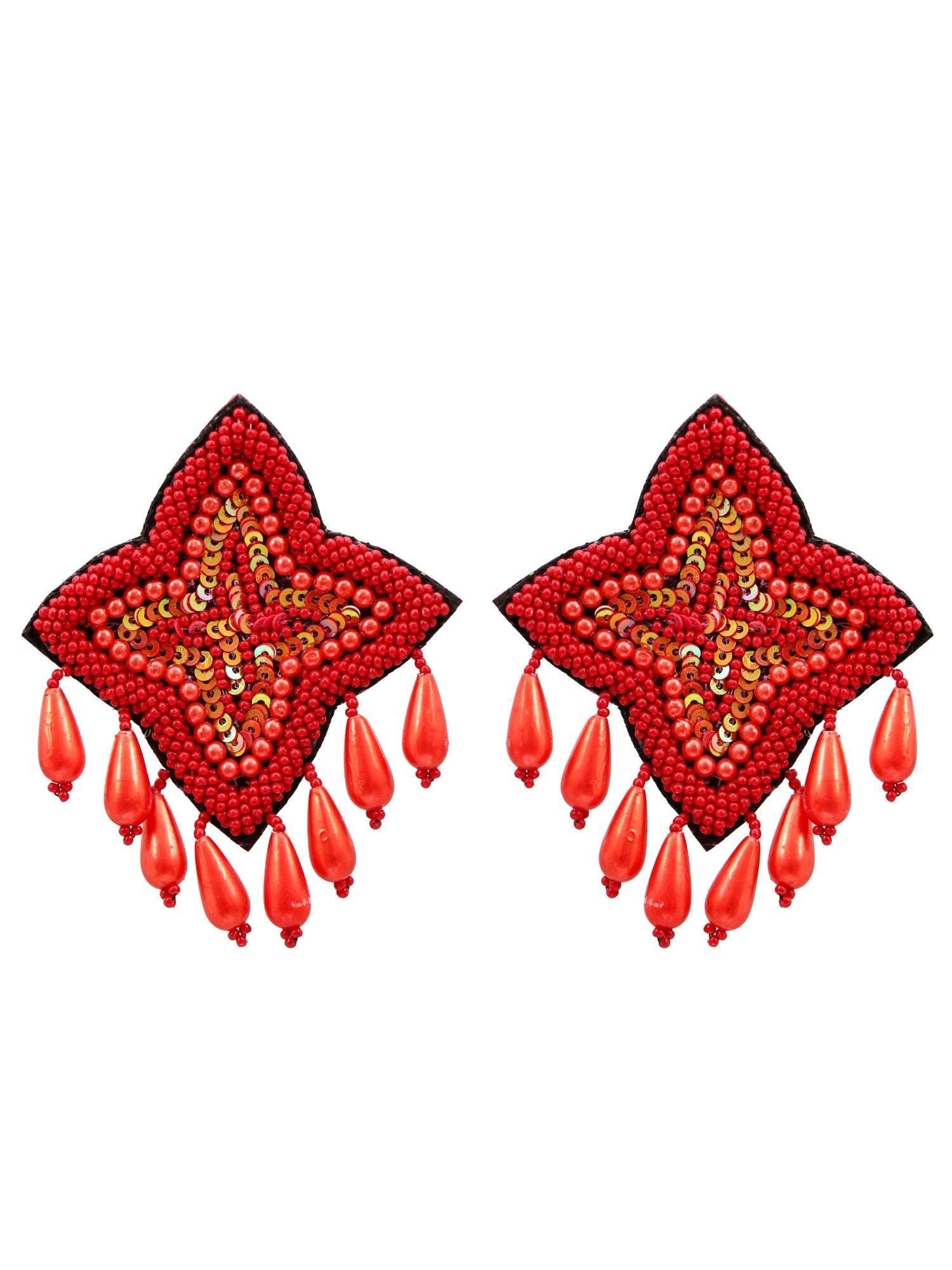 Red Beads Studded Handcrafted Sigle Star Contemporary Drop Earrings CFE1696