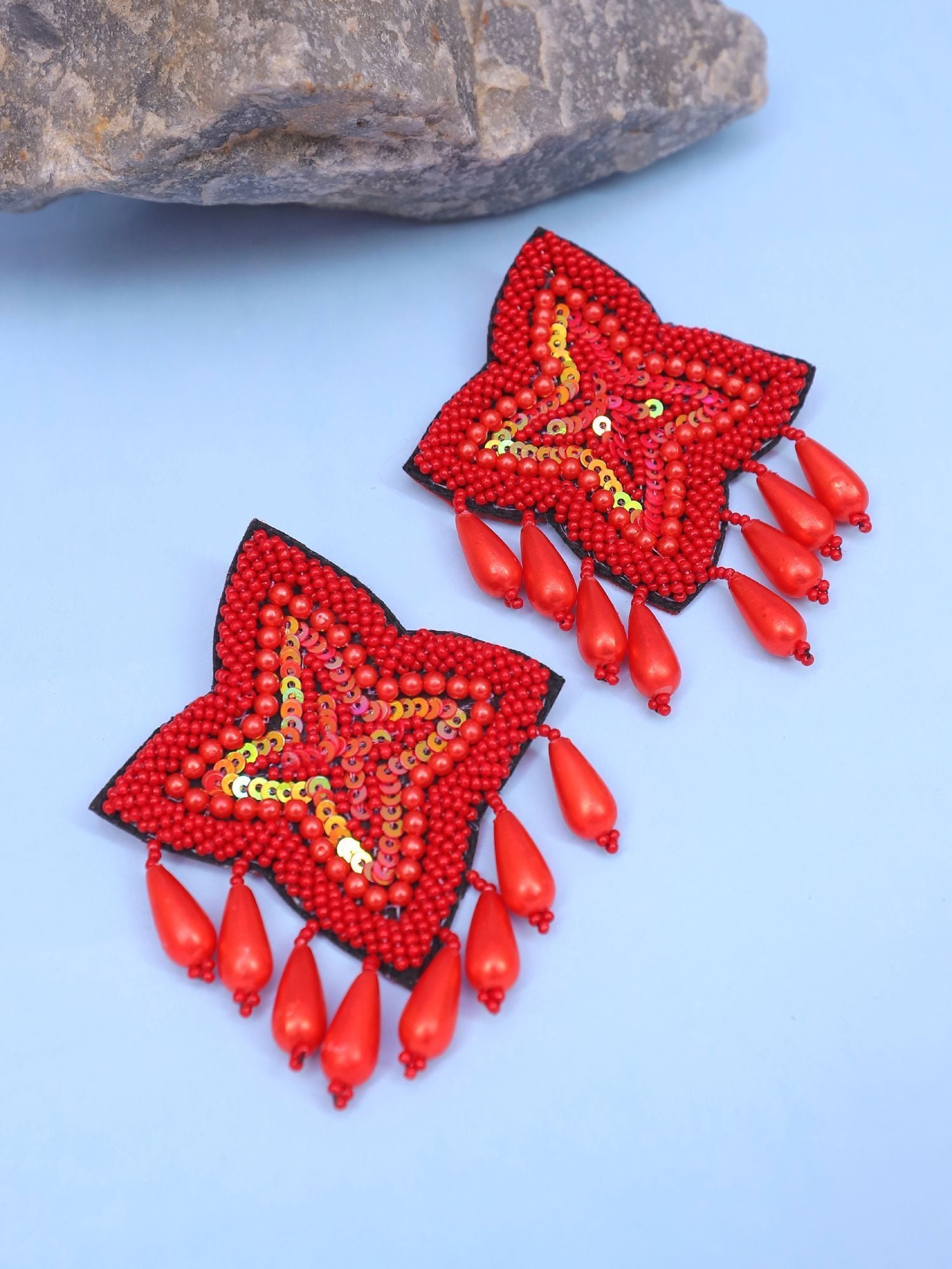 Red Beads Studded Handcrafted Sigle Star Contemporary Drop Earrings CFE1696