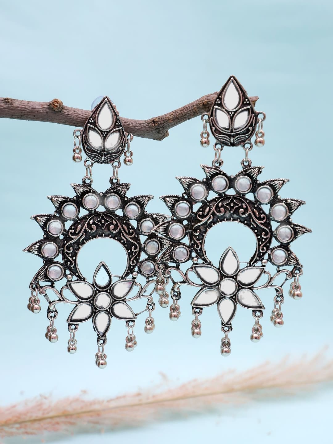 oxidised Silver Plated Beautiful Drop Designer Mirror Dangler Earrings CFE1706