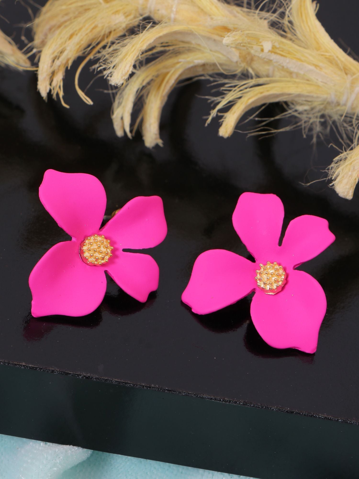 Crunchy Fashion Golden Pink Crystal Hand Curved Flower Stud Earrings CFE1801