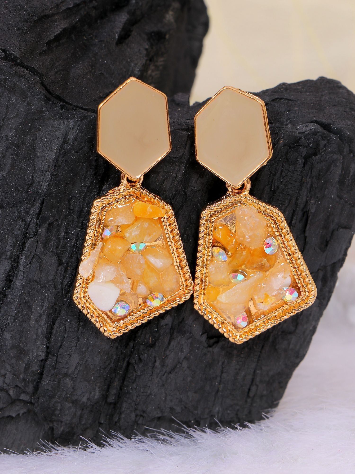 Crunchy Fashion Golden Elegant Druzy Light Brown Dangler Earrings CFE1806