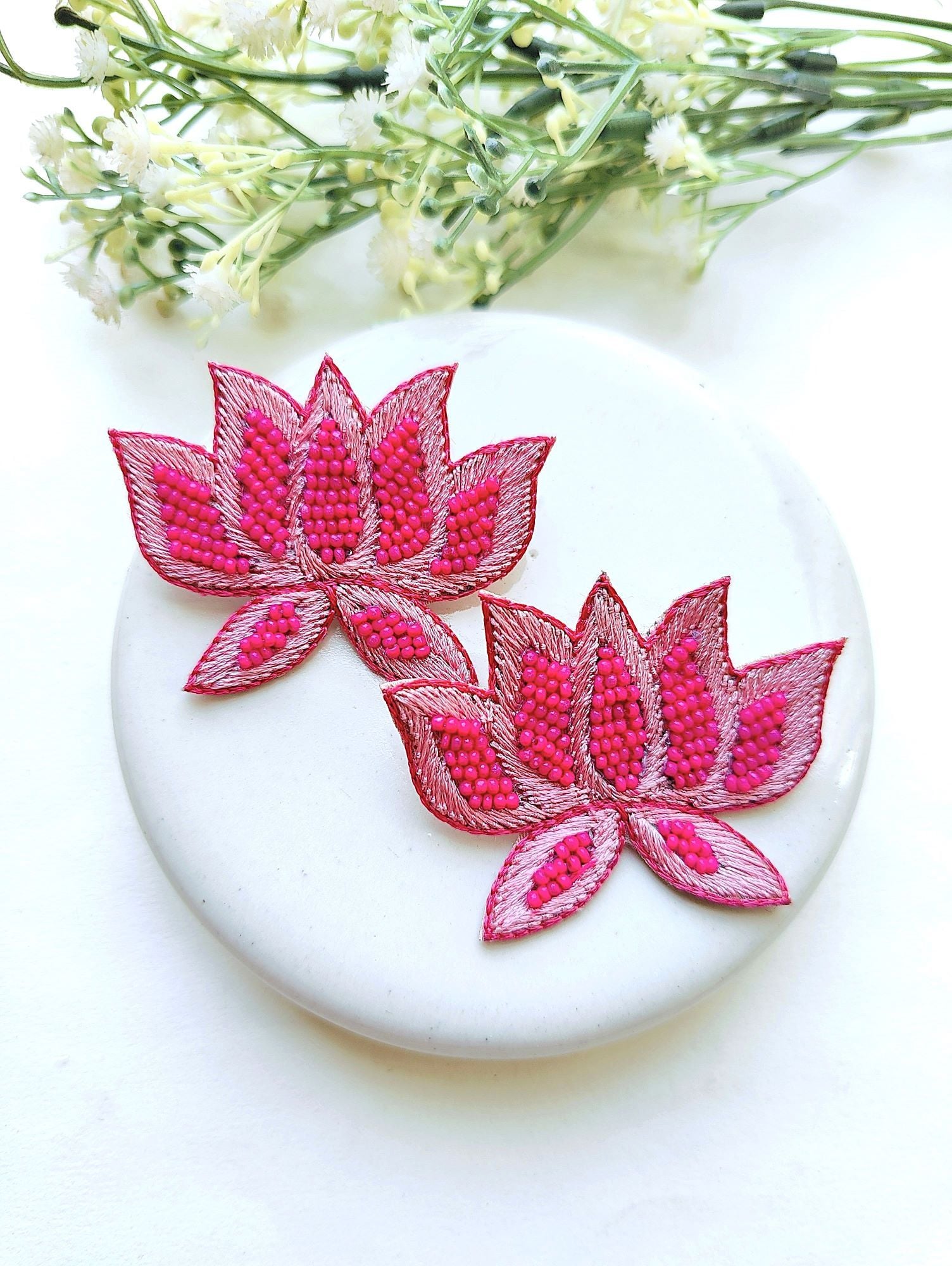 Pink Handmade Lotus Earrings for Women - Beaded Studs for Festive & Party Wears