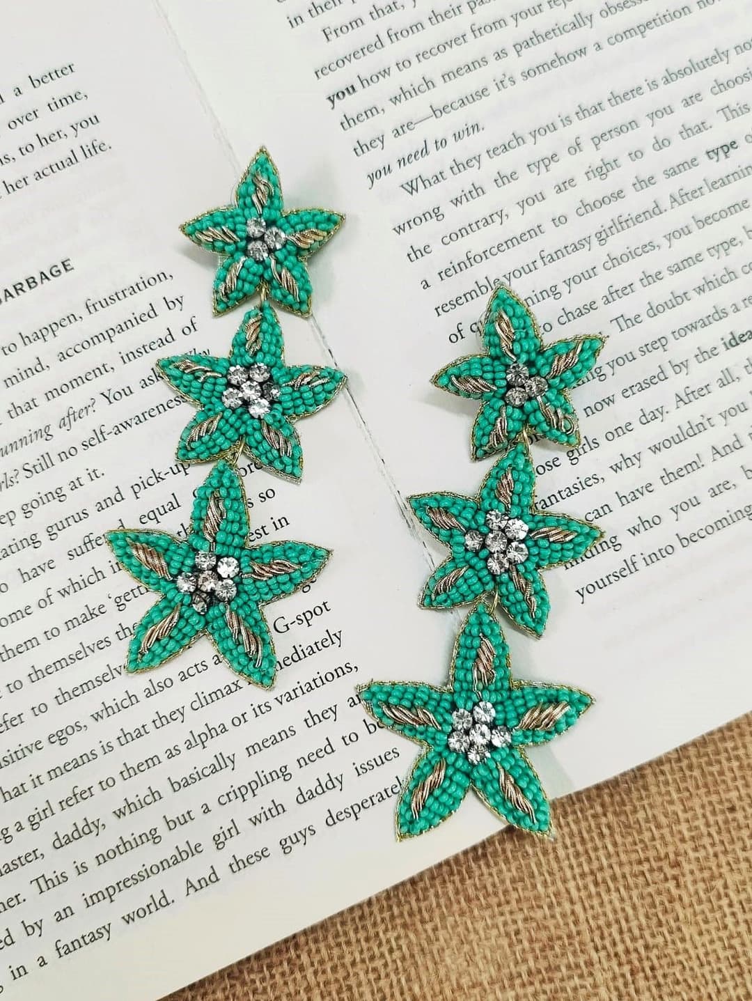 Green Starburst Long Earrings for Women - Handmade Beaded Danglers Earrings