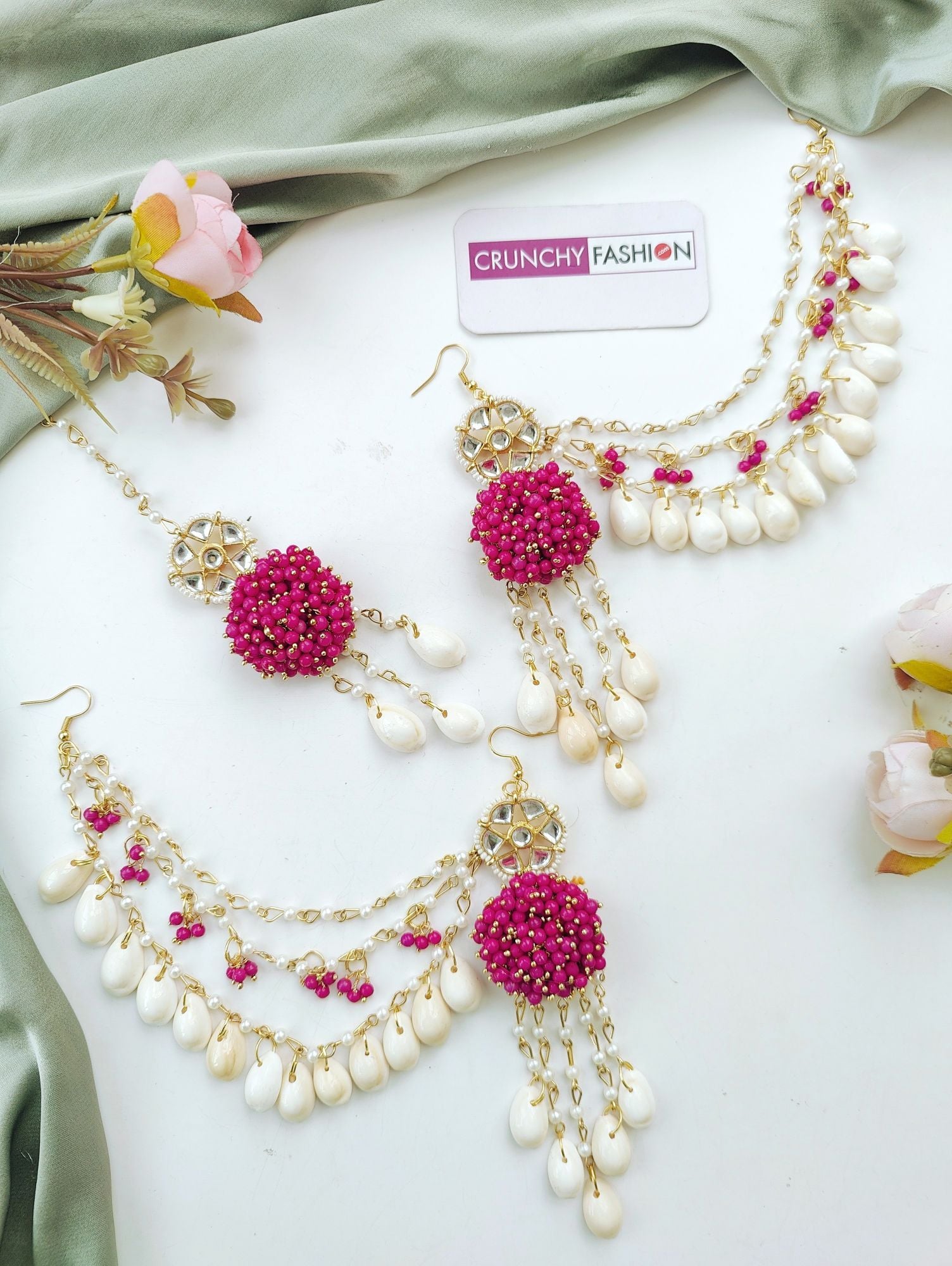 Pink Pearl Kundan Sea Shell Jhumka Earrings Set