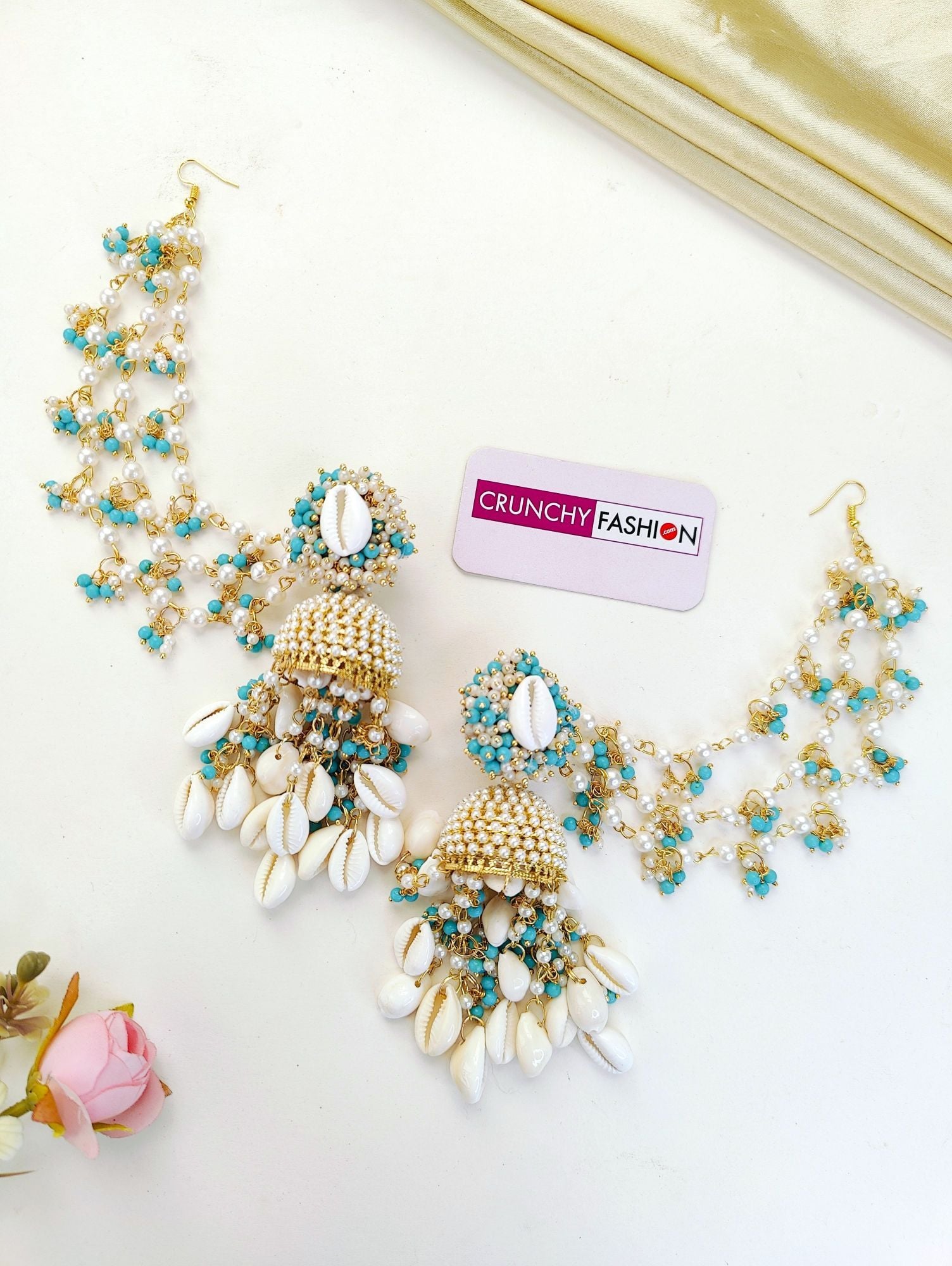 Sea Splendor Haldi Earrings - Floral Sky Blue & Ivory Shell Dangler