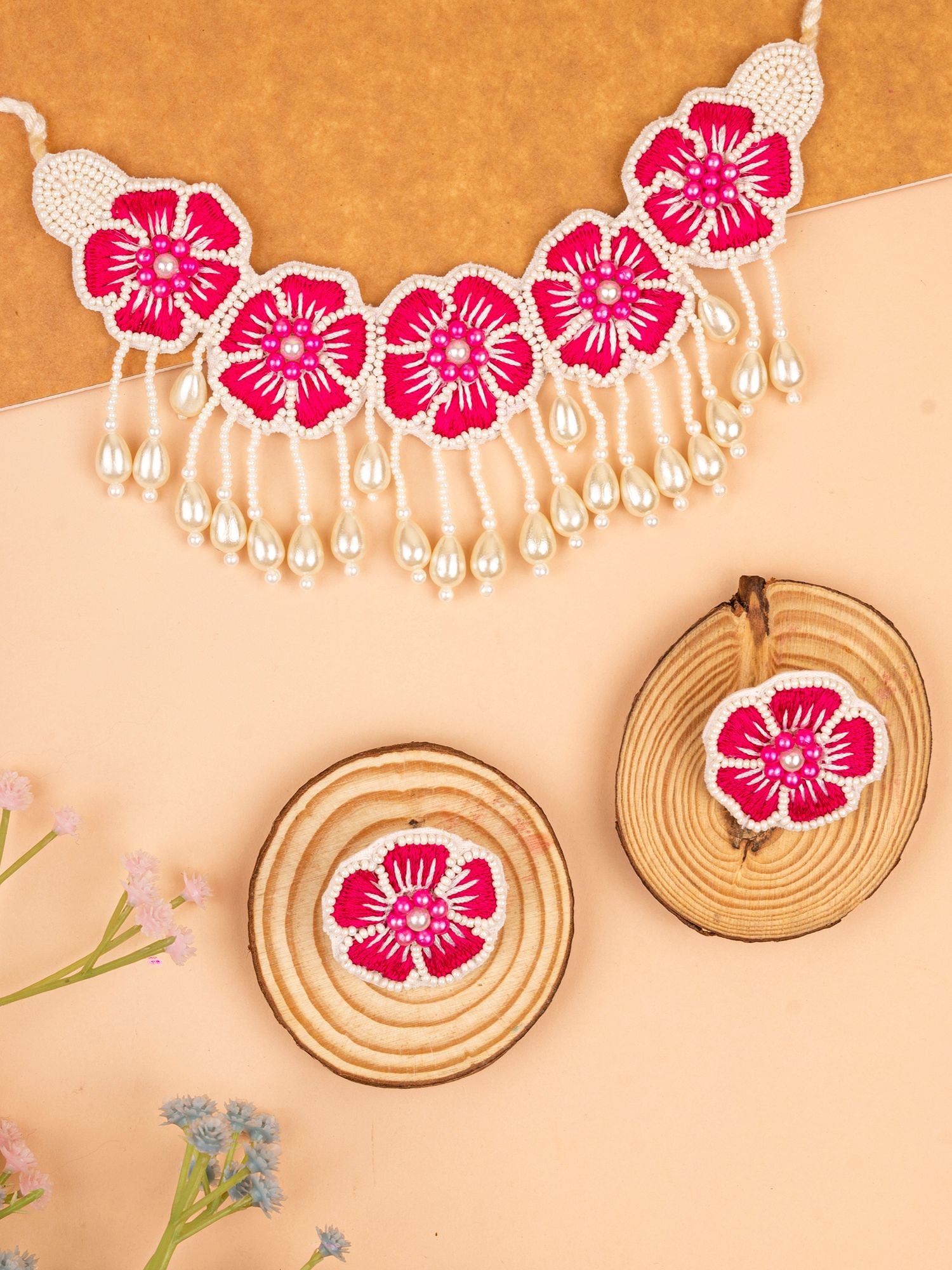 Handcrafted Blooming Essence - Pink & White Flower Shaped Choker Necklace Set