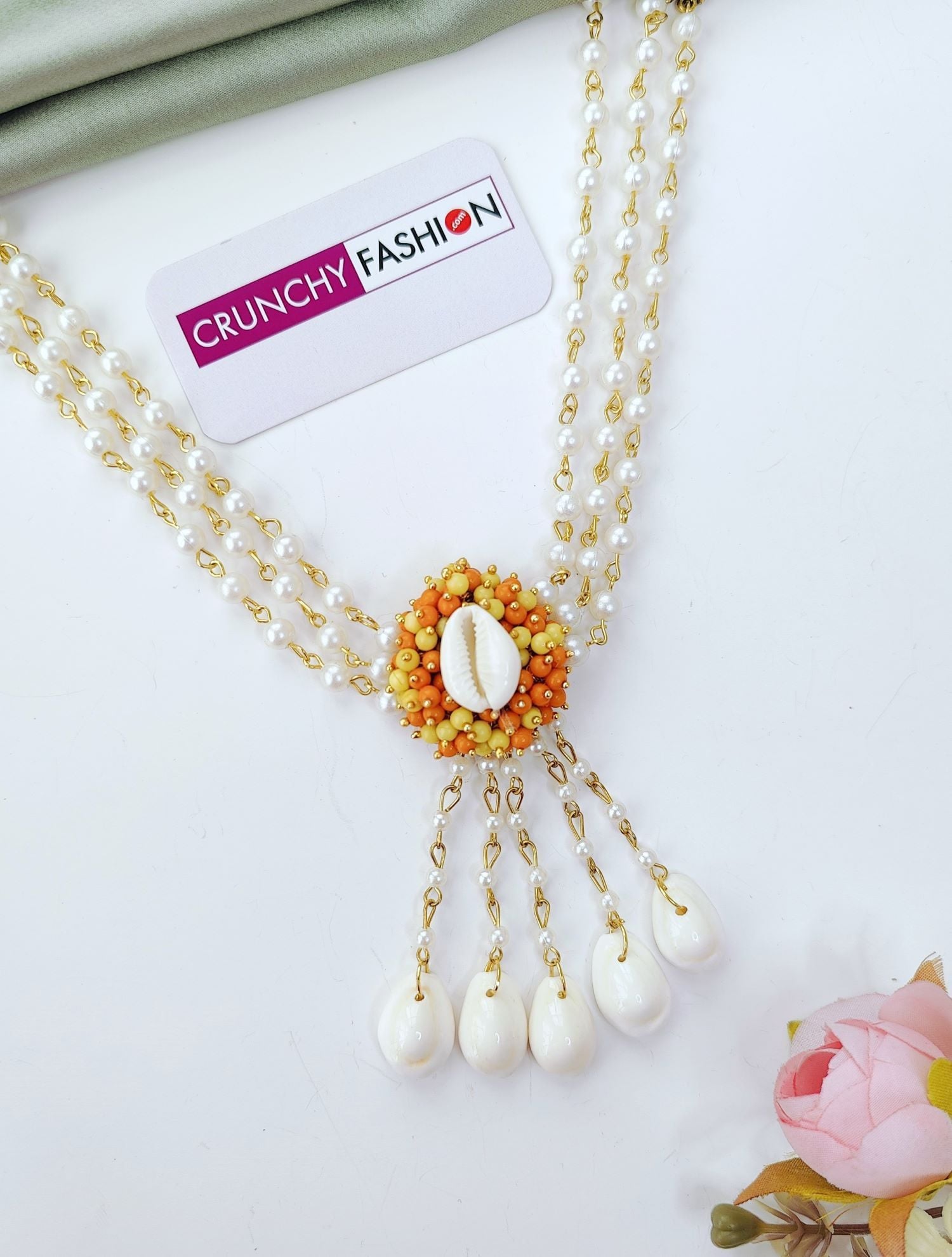 Handmade Orange Seashell Pearl Haldi Jewellery Set