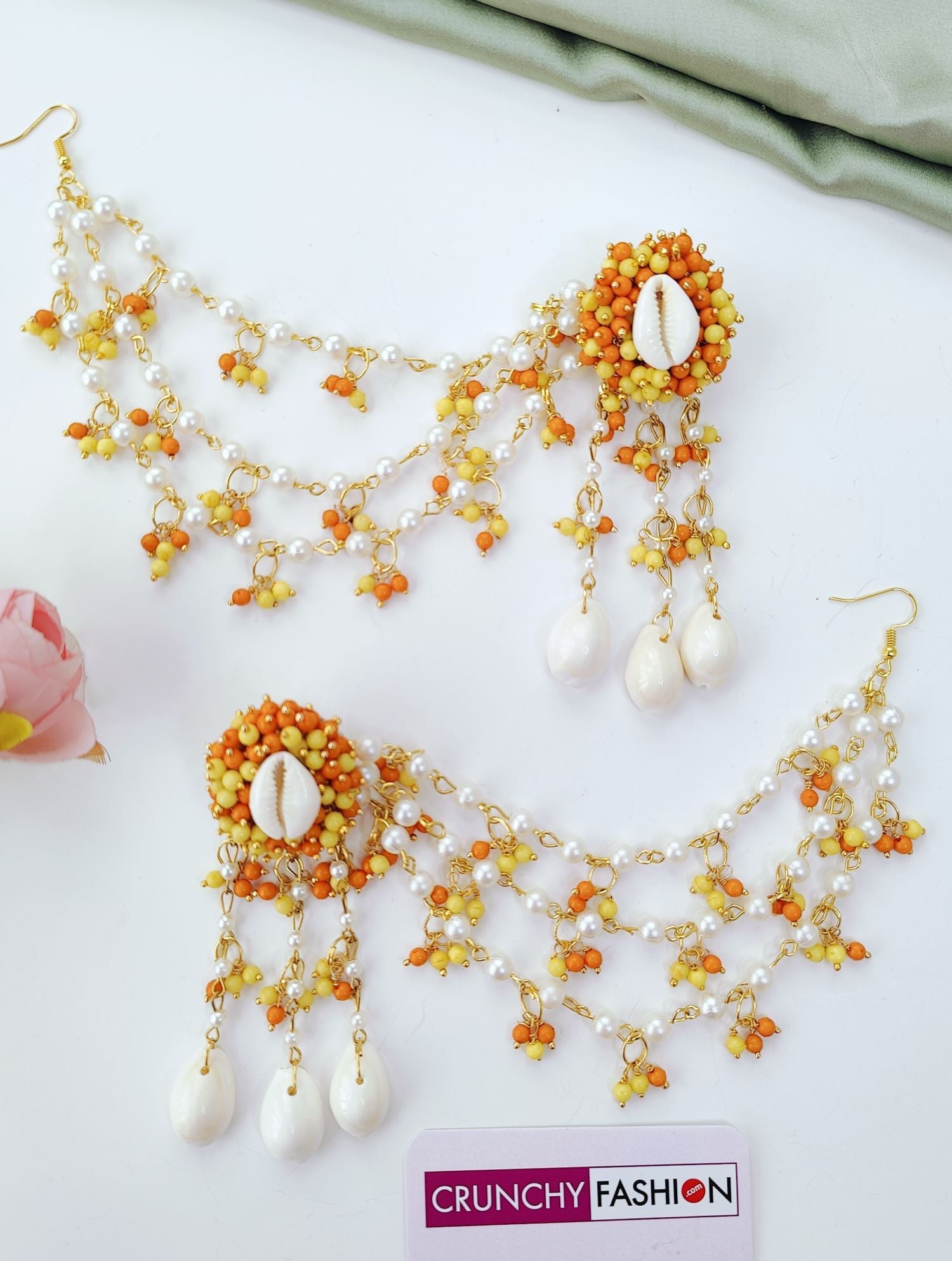 Handmade Orange Seashell Pearl Haldi Jewellery Set