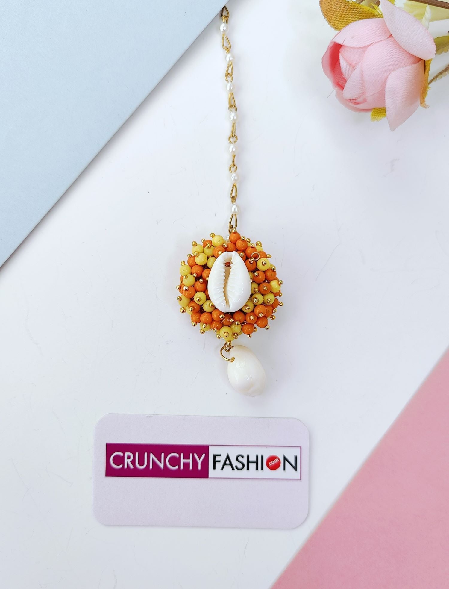 Handmade Orange Seashell Pearl Haldi Jewellery Set