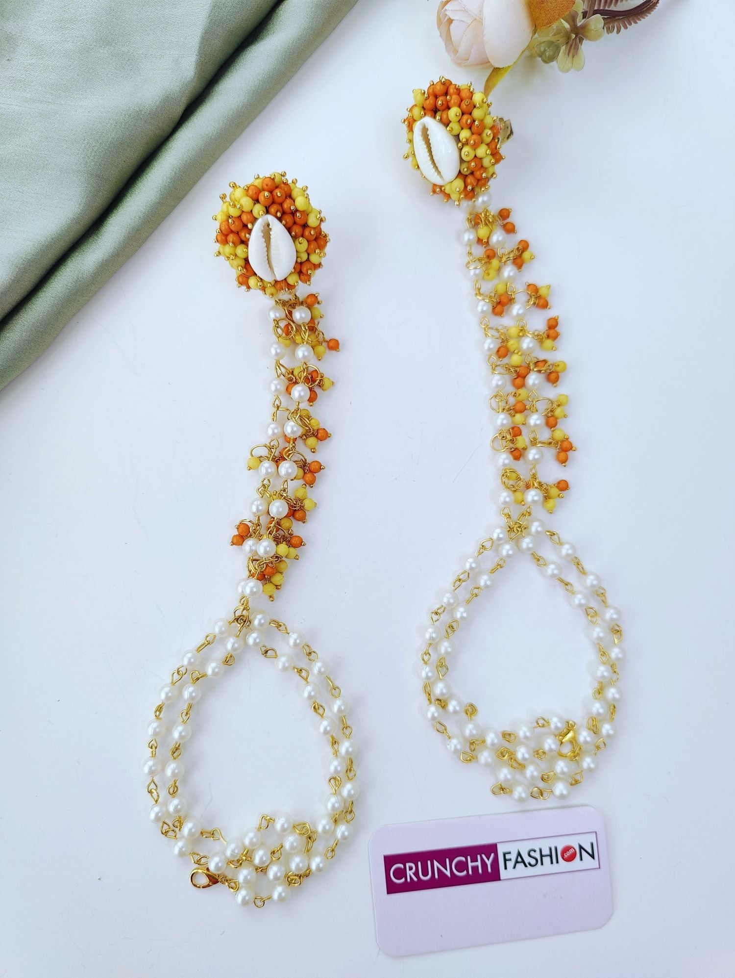 Handmade Orange Seashell Pearl Haldi Jewellery Set